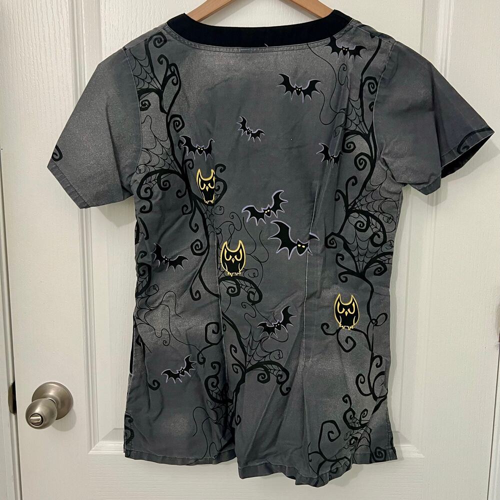 Uniform Advantage UA Scrubs | Halloween Haunted Night Black Top | Gray | Medium - Picture 2 of 2